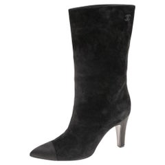 Used Chanel Black Suede and Satin Gabrielle Cap Toe Mid Calf Boots Size 39