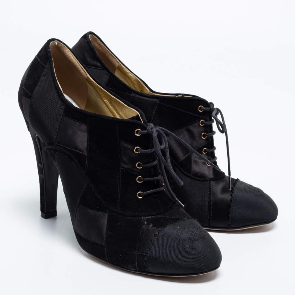 Women's Chanel Black Suede and Satin Patchwork Lace-Up CC Cap Toe Ankle Booties Size 41
