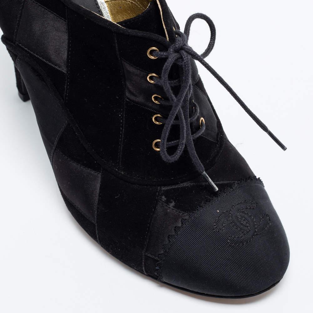 Chanel Black Suede and Satin Patchwork Lace-Up CC Cap Toe Ankle Booties Size 41 3