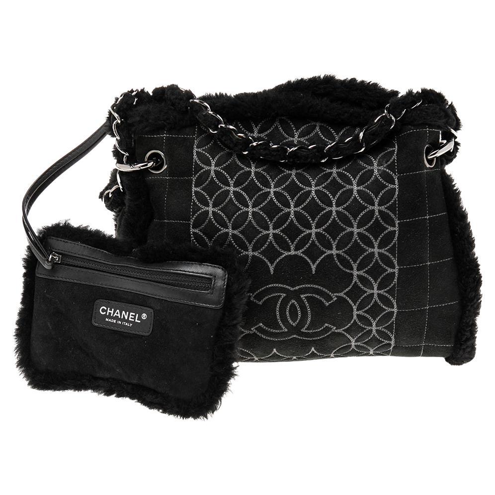 Chanel Black Suede and Shearling Embroidered CC Tote