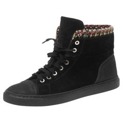 Chanel Black Suede and Tweed High-Top Sneakers Size 40