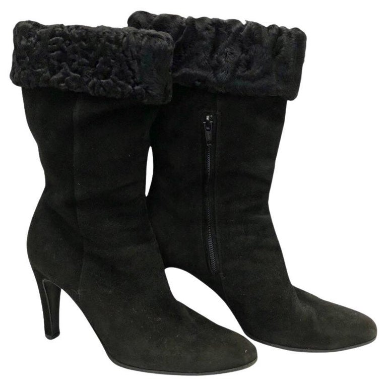 Chanel Black Suede Ankle Boots with Black Fur Trim For Sale