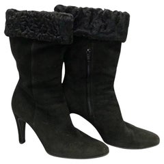 Chanel Black Suede Ankle Boots with Black Fur Trim