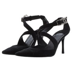 Chanel Black suede ankle strap embellished logo heels 