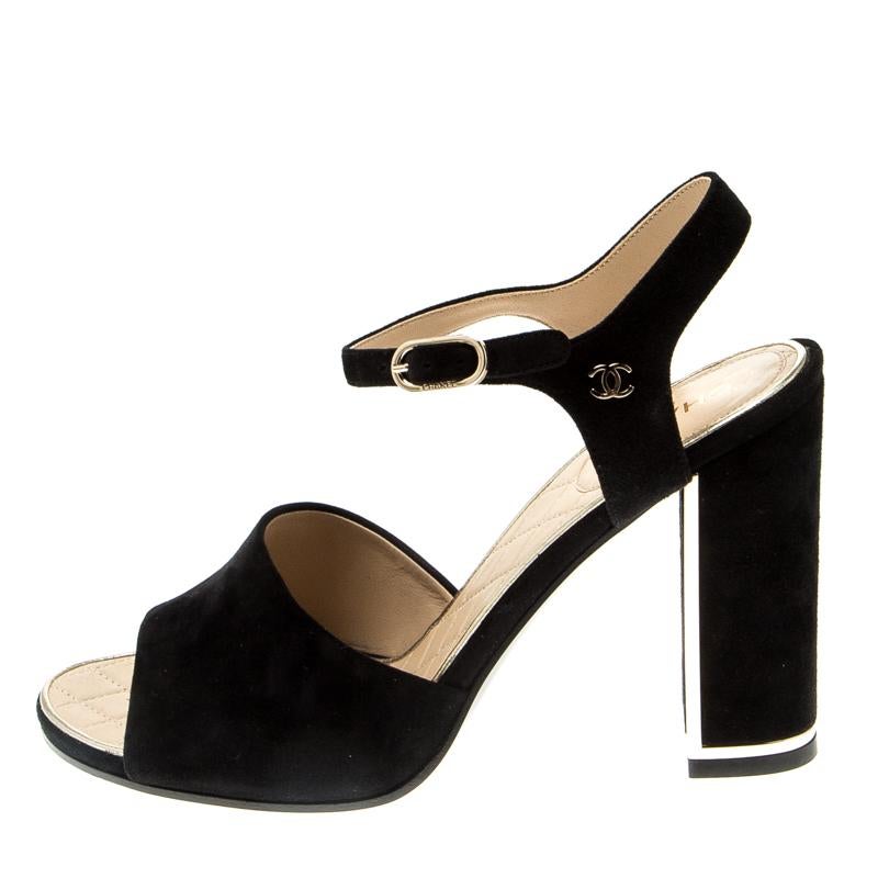 How can one not fall in love with these suede sandals by Chanel! They've been beautifully designed with open toes, ankle straps and block heels. You deserve to have this black pair right away.

Includes
Original Dustbag, Original Box, Info Booklet