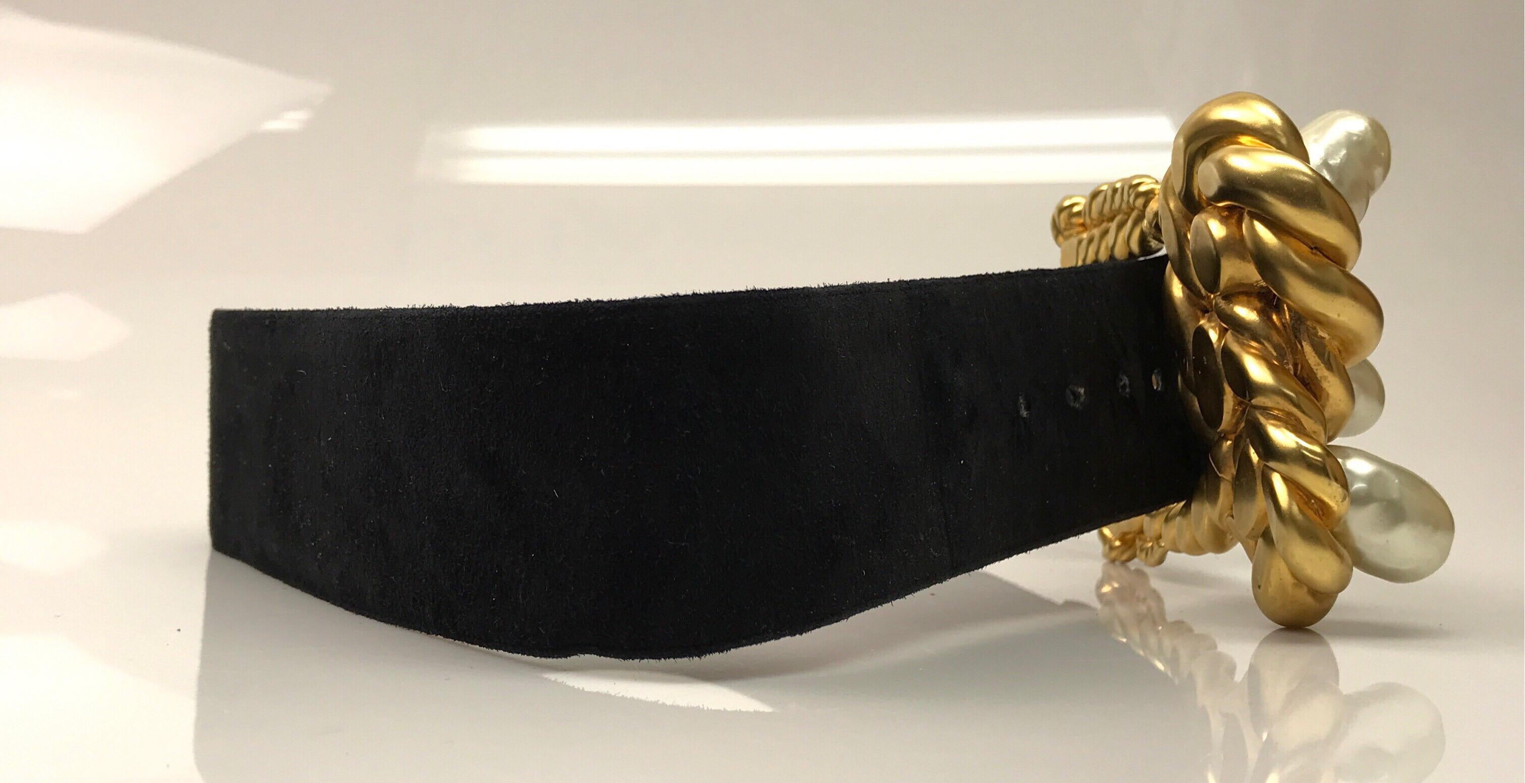 Chanel Black Suede Belt w/ Gold Rope & Pearl Buckle- Circa Late 90's In Good Condition In West Palm Beach, FL