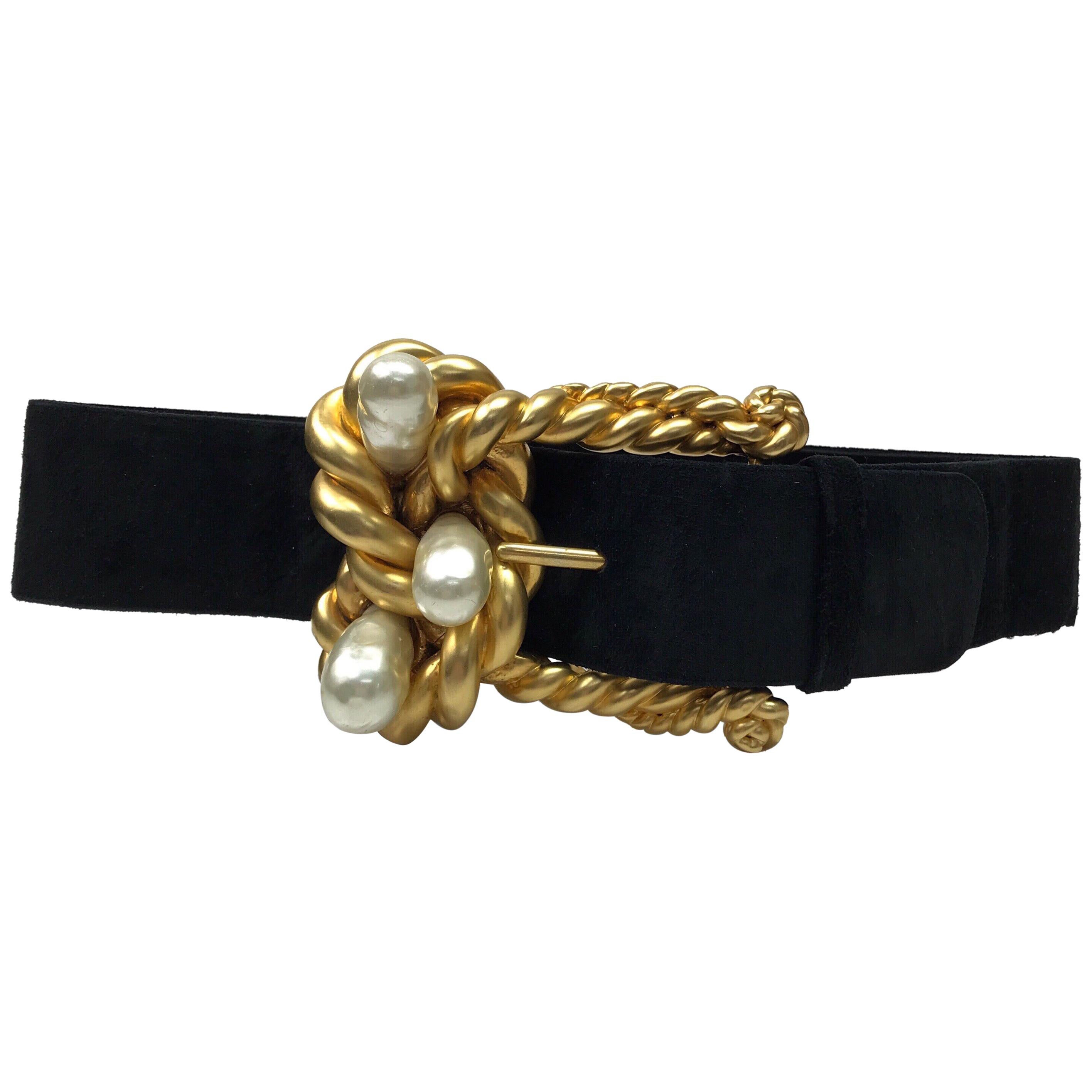 Chanel Black Suede Belt w/ Gold Rope & Pearl Buckle- Circa Late 90's
