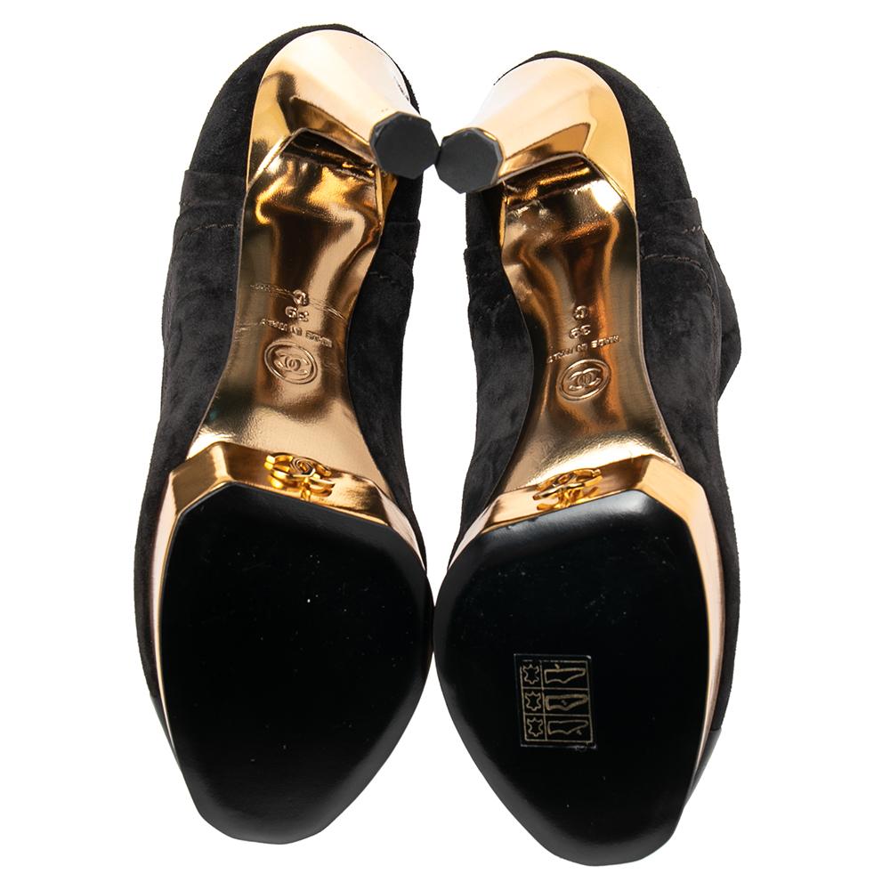 Women's Chanel Black Suede Cap Toe Platform Ankle Booties Size 39