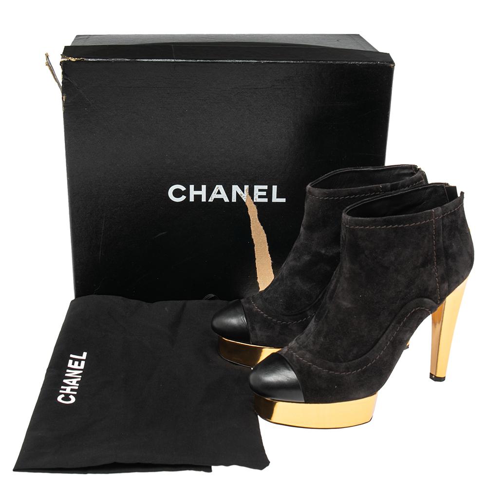 Chanel Black Suede Cap Toe Platform Ankle Booties Size 39 2