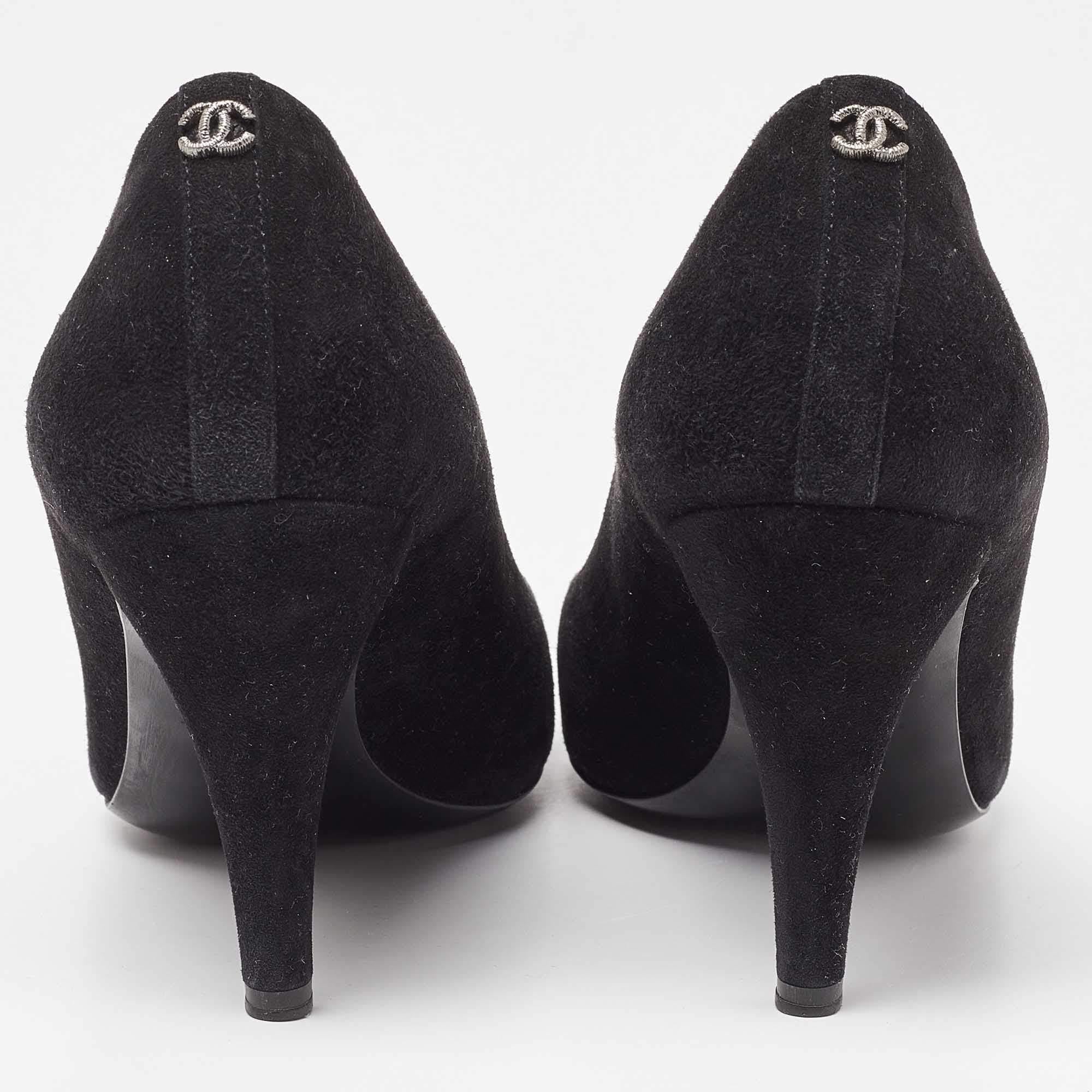 Chanel Black Suede Cap Toe Pointed Pumps Size 37.5 For Sale 1