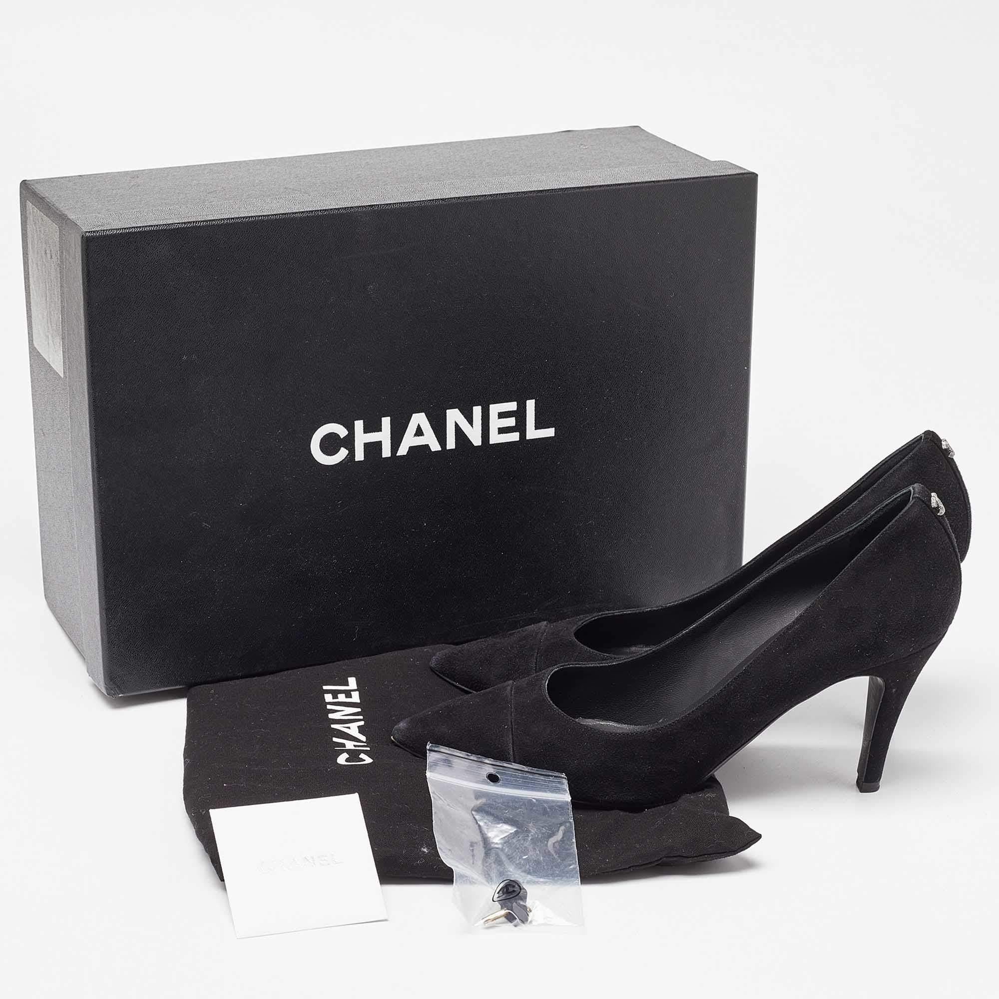 Chanel Black Suede Cap Toe Pointed Pumps Size 37.5 For Sale 5