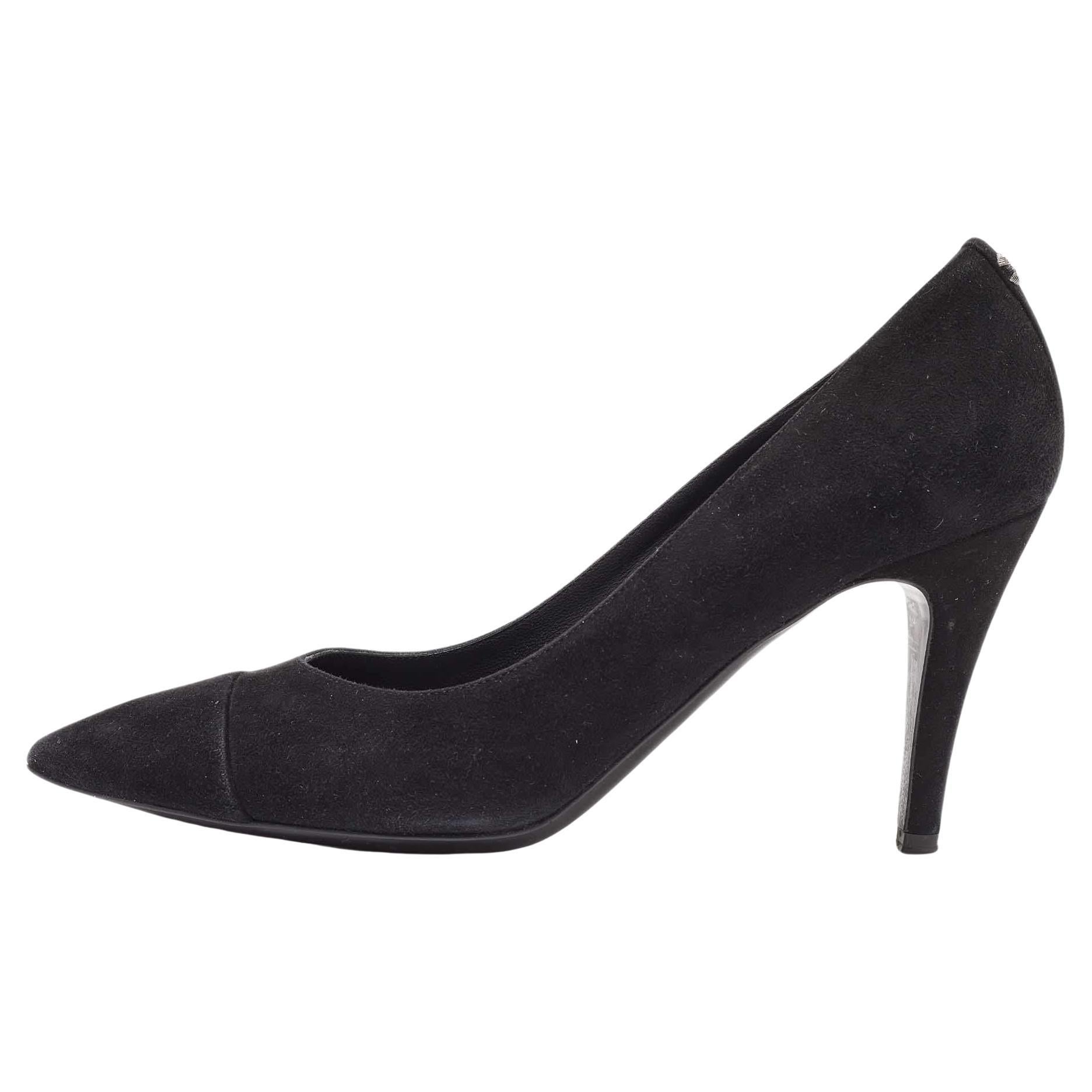 Chanel Black Suede Cap Toe Pointed Pumps Size 37.5 For Sale