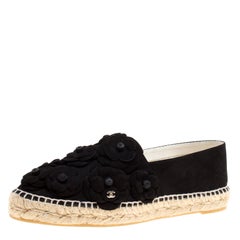 Chanel Black Suede CC Camellia Espadrilles Size 41