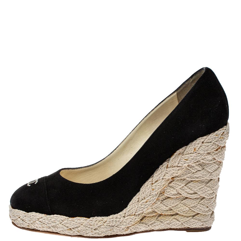 Women's Chanel Black Suede CC Cap Toe Wedge Espadrille Pumps Size 38