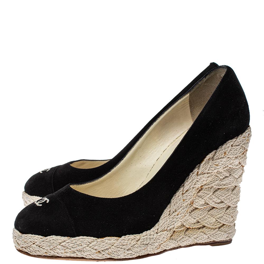 Chanel Black Suede CC Cap Toe Wedge Espadrille Pumps Size 38 3