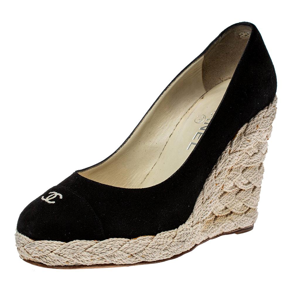 Chanel Black Suede CC Cap Toe Wedge Espadrille Pumps Size 38 at 1stDibs