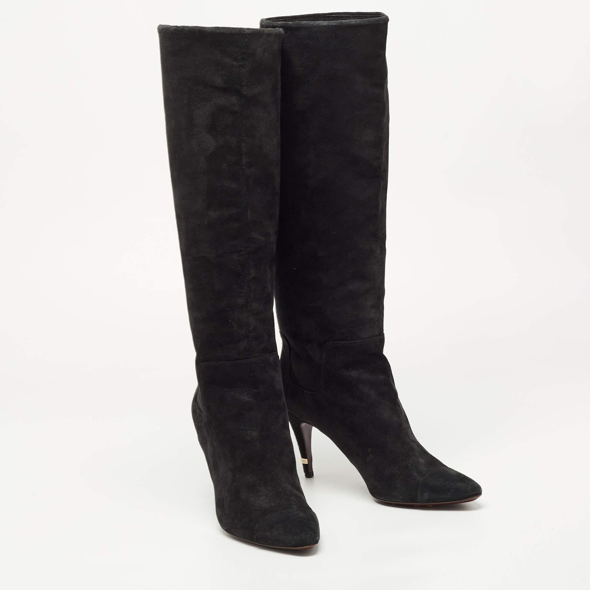 Chanel Black Suede CC Knee Length Boots Size 39.5 For Sale 2