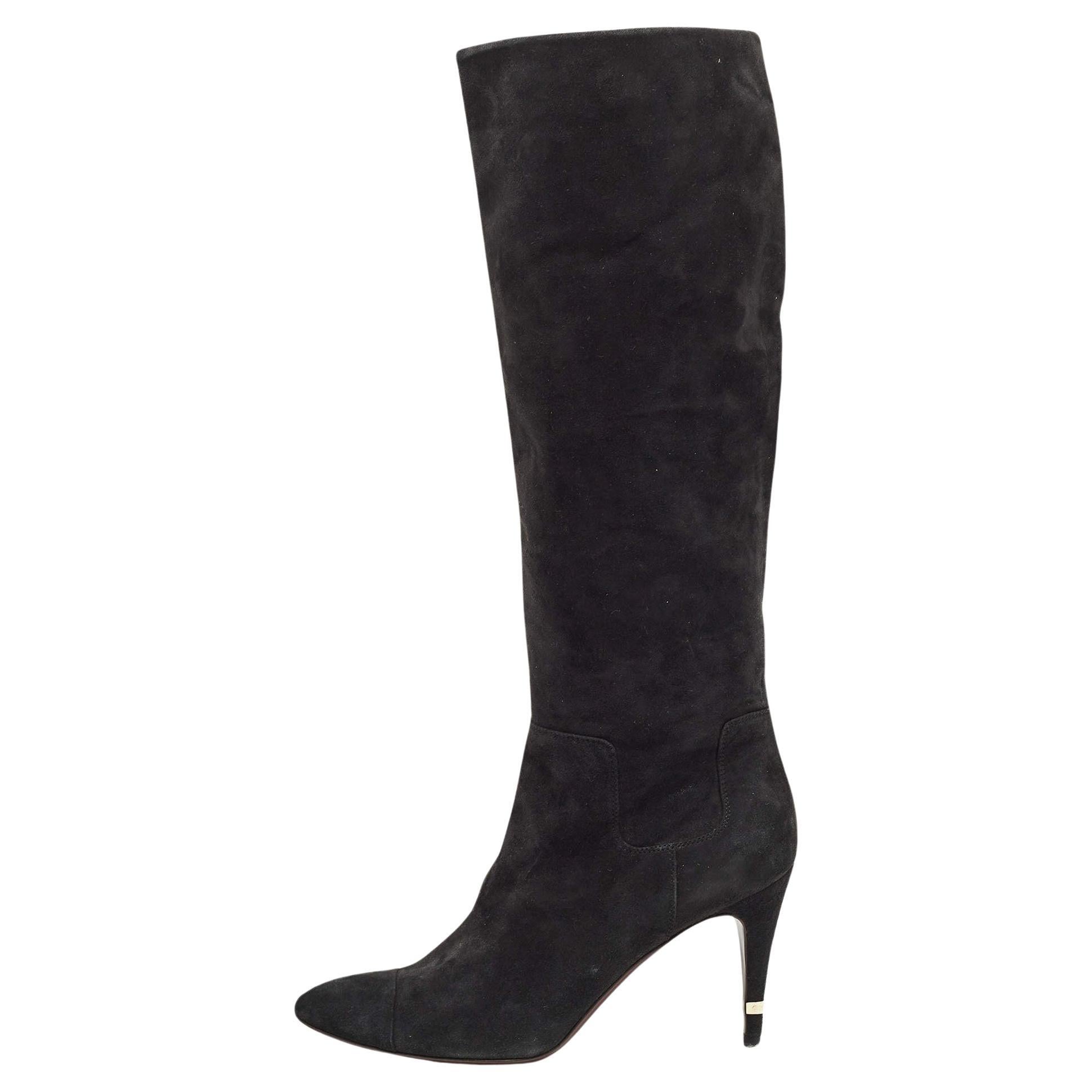Chanel Black Suede CC Knee Length Boots Size 39.5 For Sale