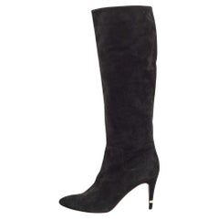 Chanel Black Suede CC Knee Length Boots Size 39.5