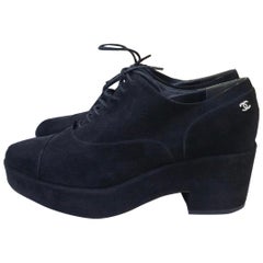 Chanel Black Suede CC Lace Platform Oxfords