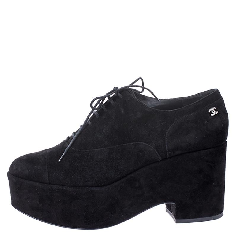 These suede oxfords are exclusively crafted for you They feature covered toes, laces on the vamps and platforms heels. The black shoes from Chanel will lend a stylish edge to your outfits.

Includes: Original Dustbag, Original Box

