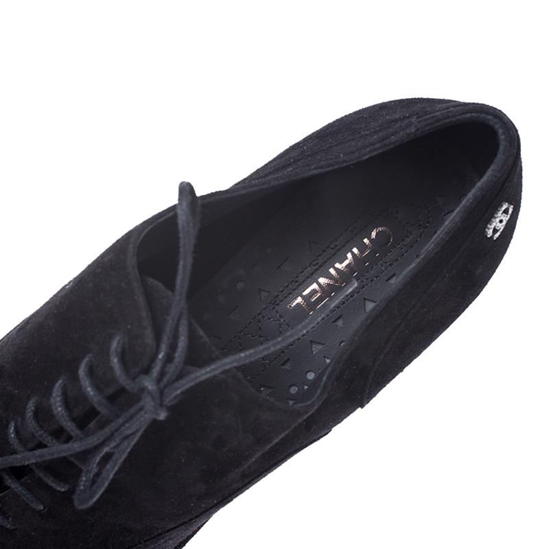 Chanel Black Suede CC Lace Platform Oxfords Size 41 2