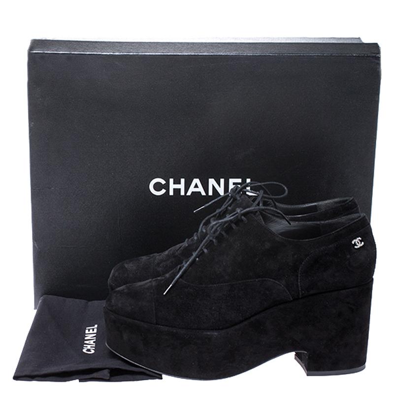 Chanel Black Suede CC Lace Platform Oxfords Size 41 4