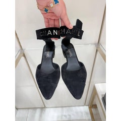 Chanel Black Suede CC Logo Ankle-Strap Pumps Size 41C Chunky Heel