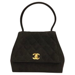 Vintage Chanel Black Suede CC Turn-Lock Flap Handbag 