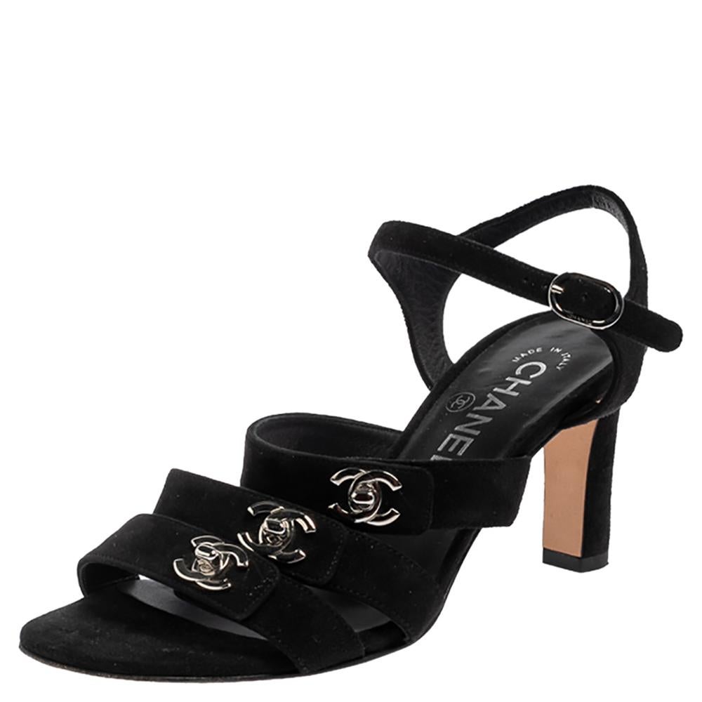 Women's Chanel Black Suede CC Turnlock Open Toe Sandals Size 36.5
