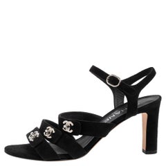 Chanel Black Suede CC Turnlock Open Toe Sandals Size 36.5