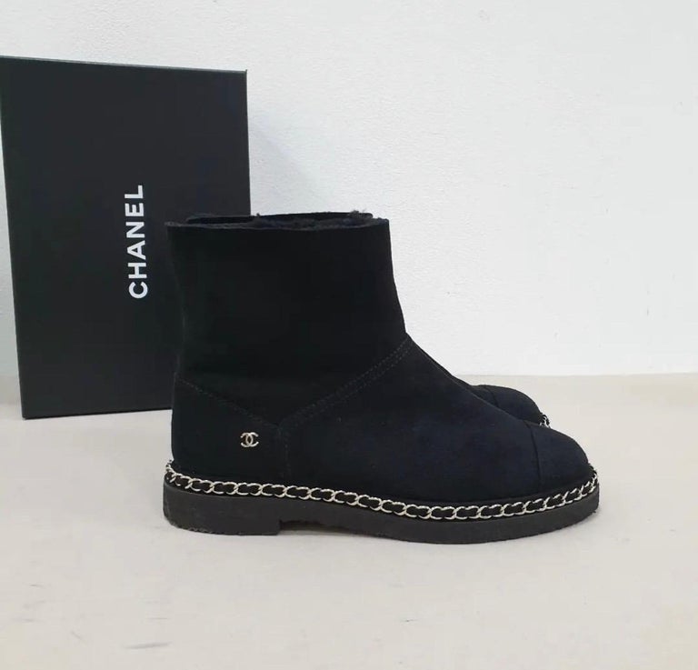 Chanel Black Suede Chain Detail Ankle Boots