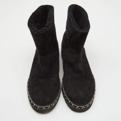 Chanel Black Suede Chain Detail Ankle Boots Size 39
