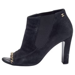 Chanel Black Suede Chain Detail Open Toe Booties Size 40.5