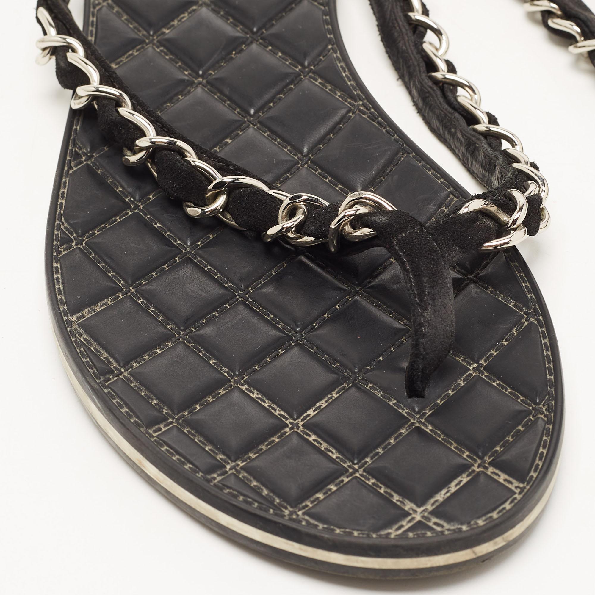 Chanel Black Suede Chain Detail Thong Flat Slides Size 37.5 3