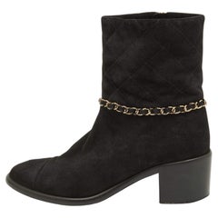 Chanel Black Suede Chain Link Zip Ankle Boots Size 37