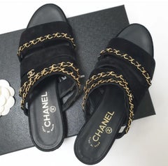 Chanel Black Suede Chain Open Toe Flat Sandals Sz.38