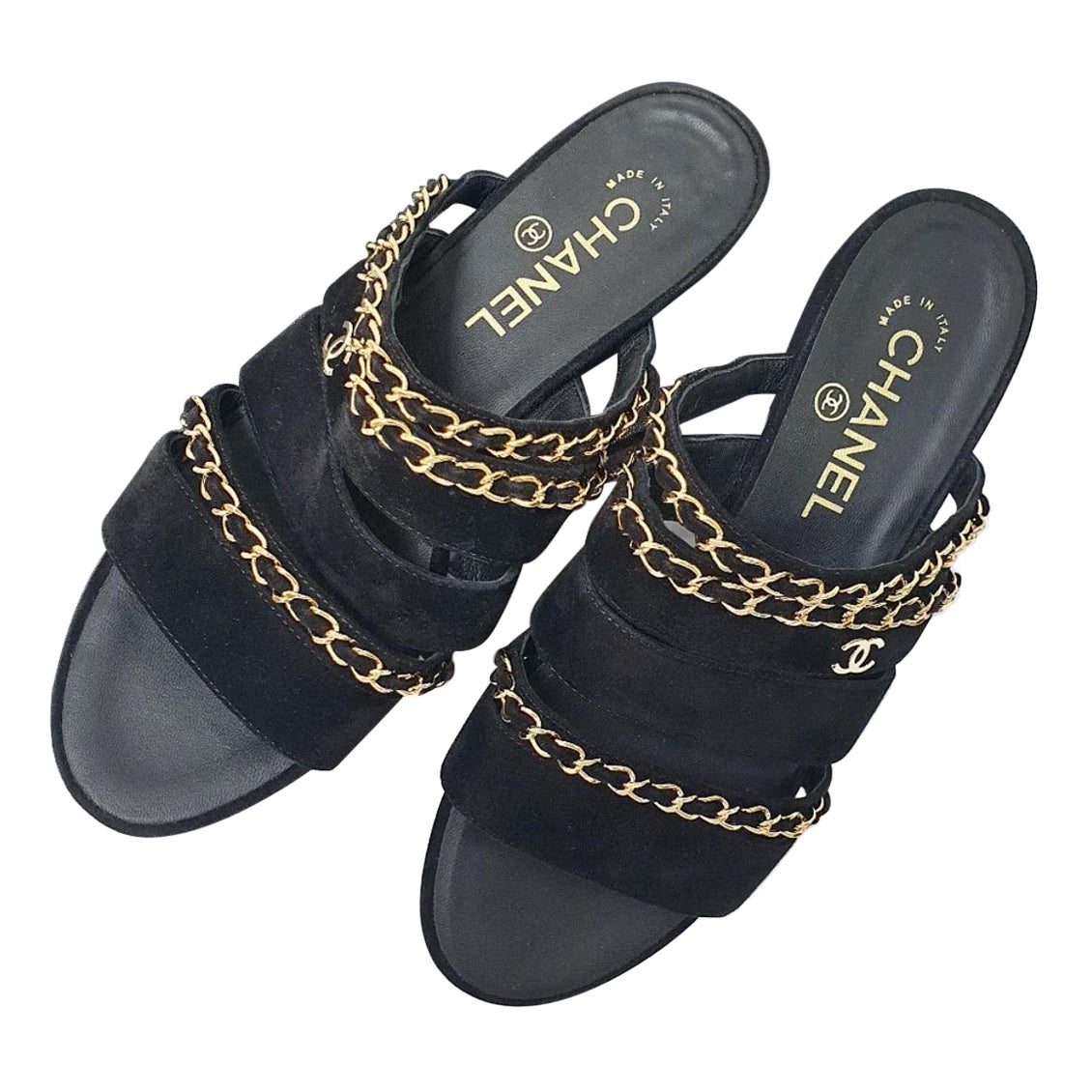 Chanel Schwarz Wildleder Kette offene Zehe flache Sandalen Sz.38 im Angebot