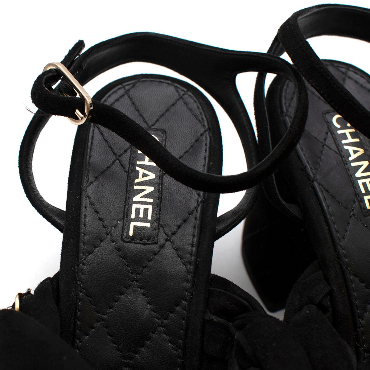 Women's Chanel Black Suede Chain Trim Block Heeled Sandals - US size 7 For Sale