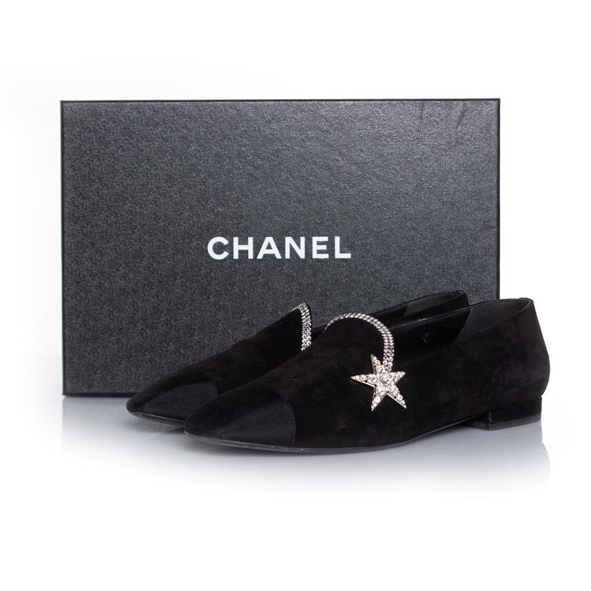 Chanel, Black suede comet star loafer For Sale 4