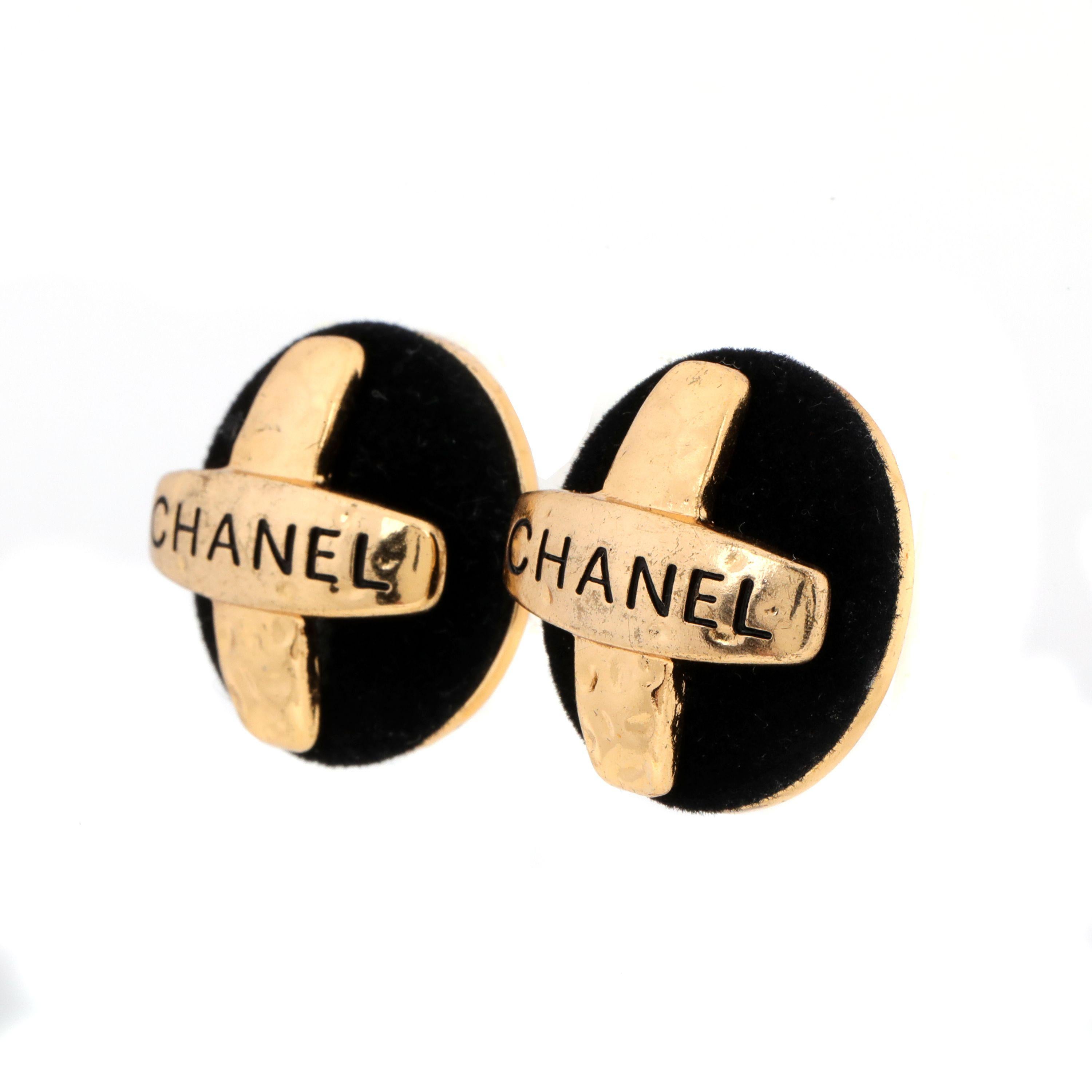 Chanel Black Suede Cross Vintage Button Earrings In Good Condition For Sale In Palm Beach, FL