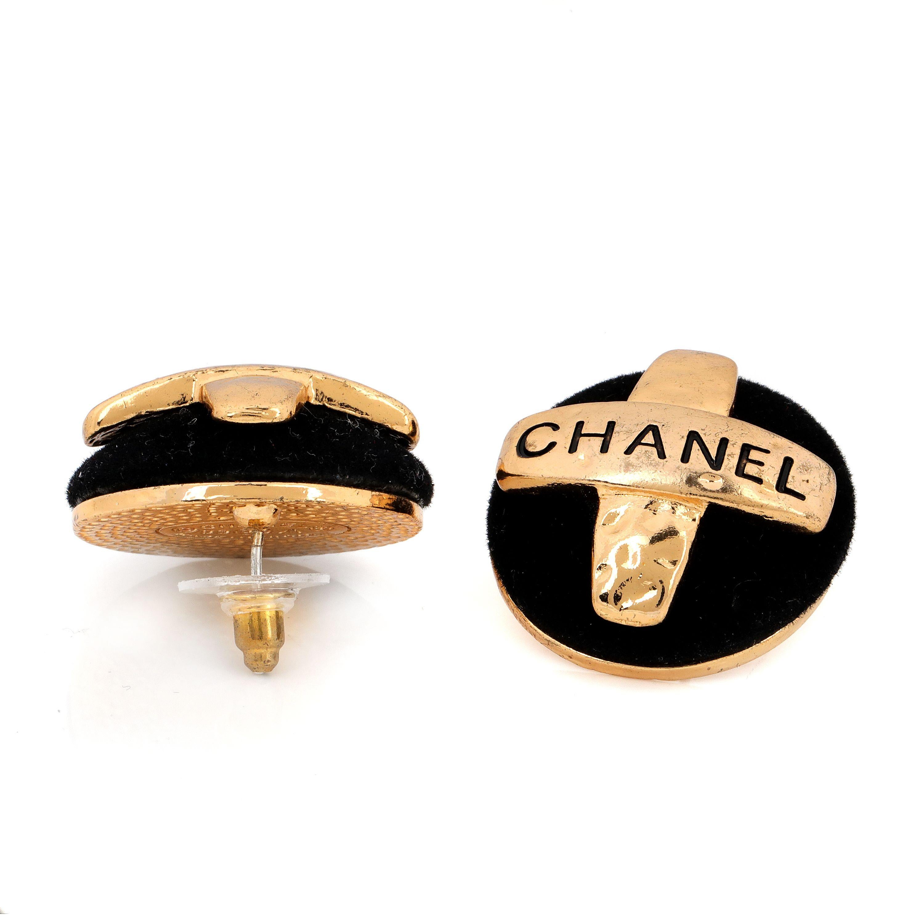 Women's or Men's Chanel Black Suede Cross Vintage Button Earrings For Sale