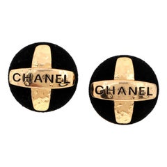 Chanel Black Suede Cross Vintage Button Earrings