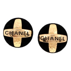 Chanel Black Suede Cross Vintage Button Earrings