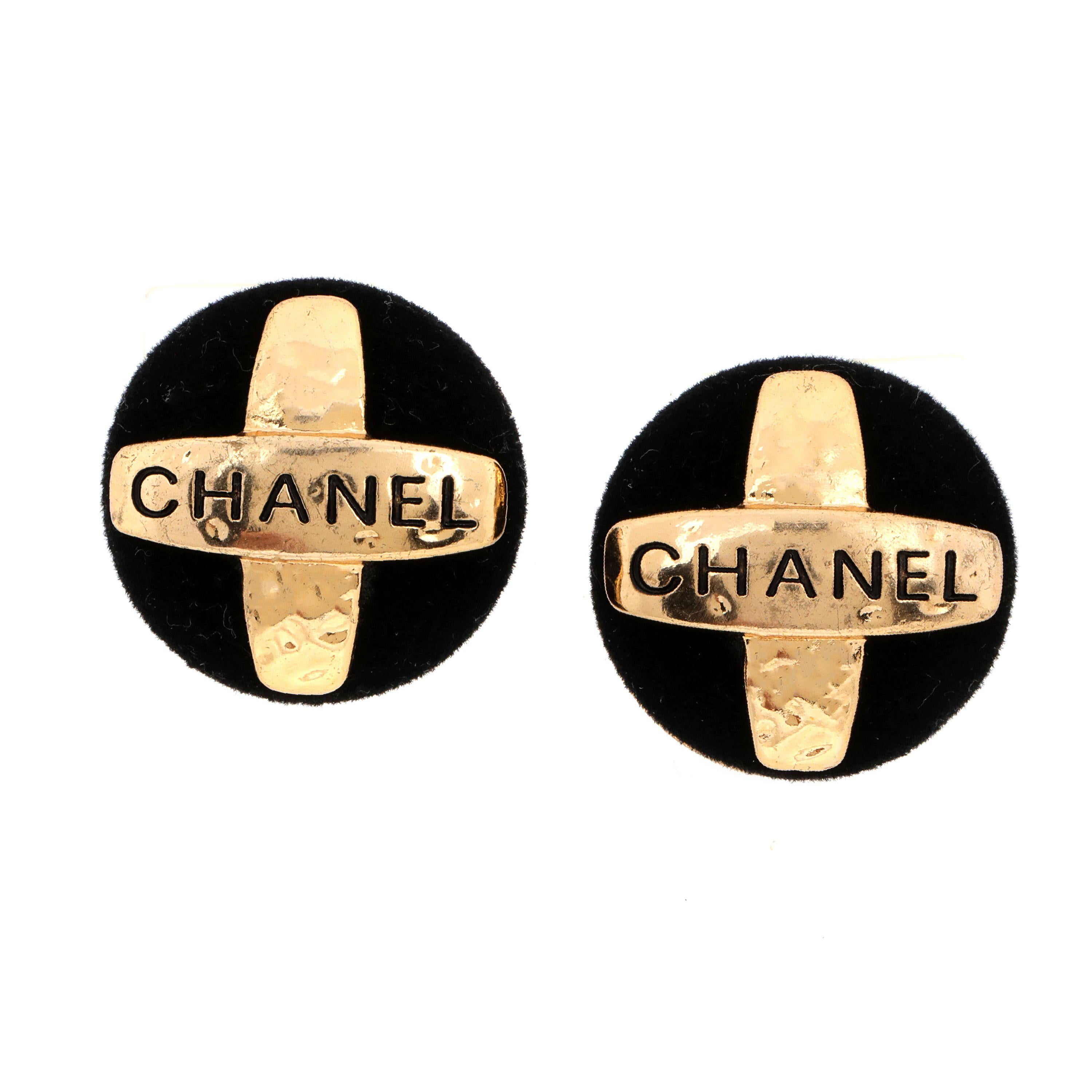 Chanel Black Suede Cross Vintage Button Earrings