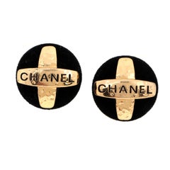 Chanel Black Suede Cross Retro Button Earrings