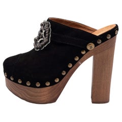 Chanel Black Suede Embellished Wooden Clogs Size 40