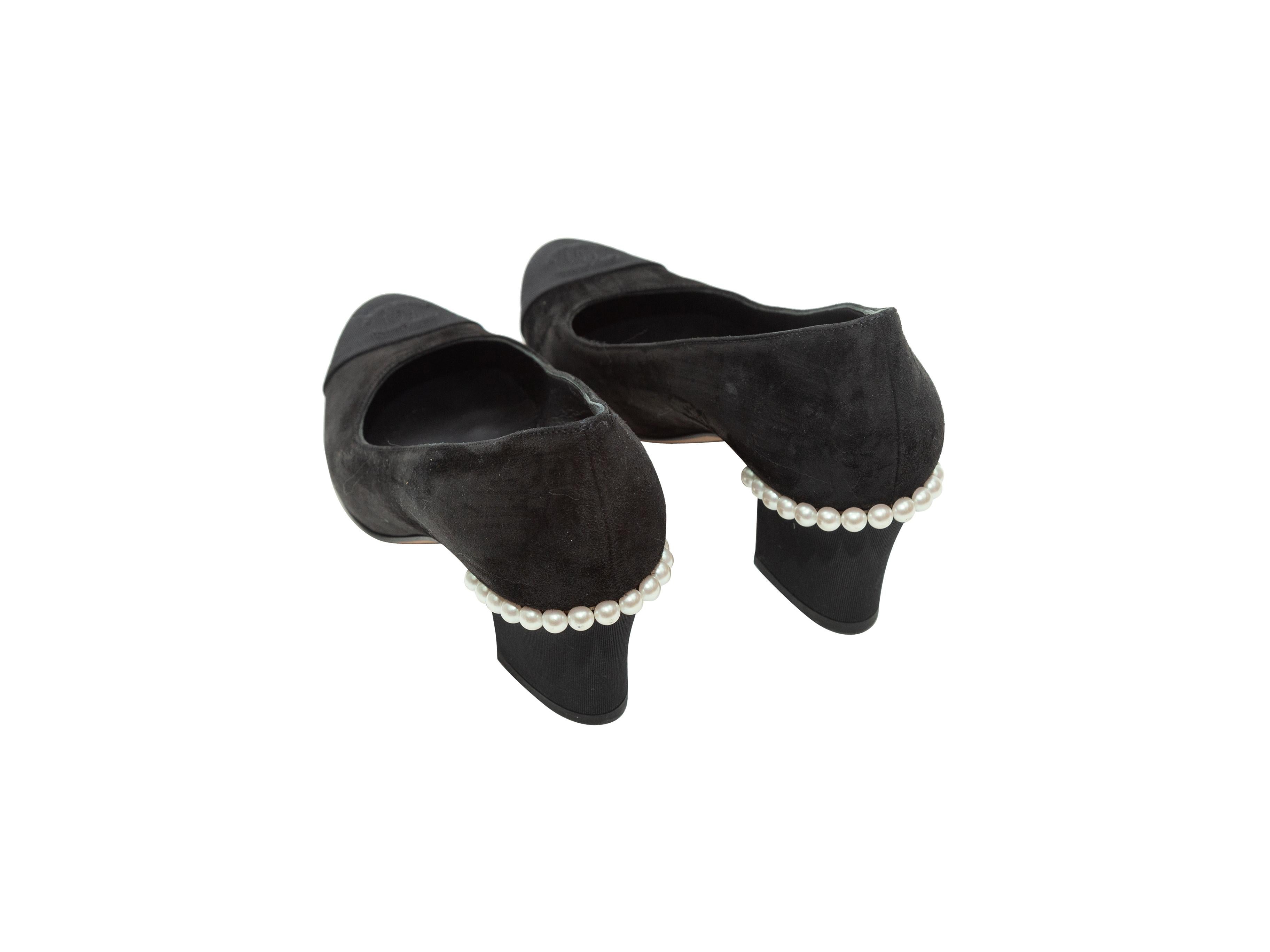 Chanel Black Suede Faux Pearl-Accented Heels In Good Condition In New York, NY