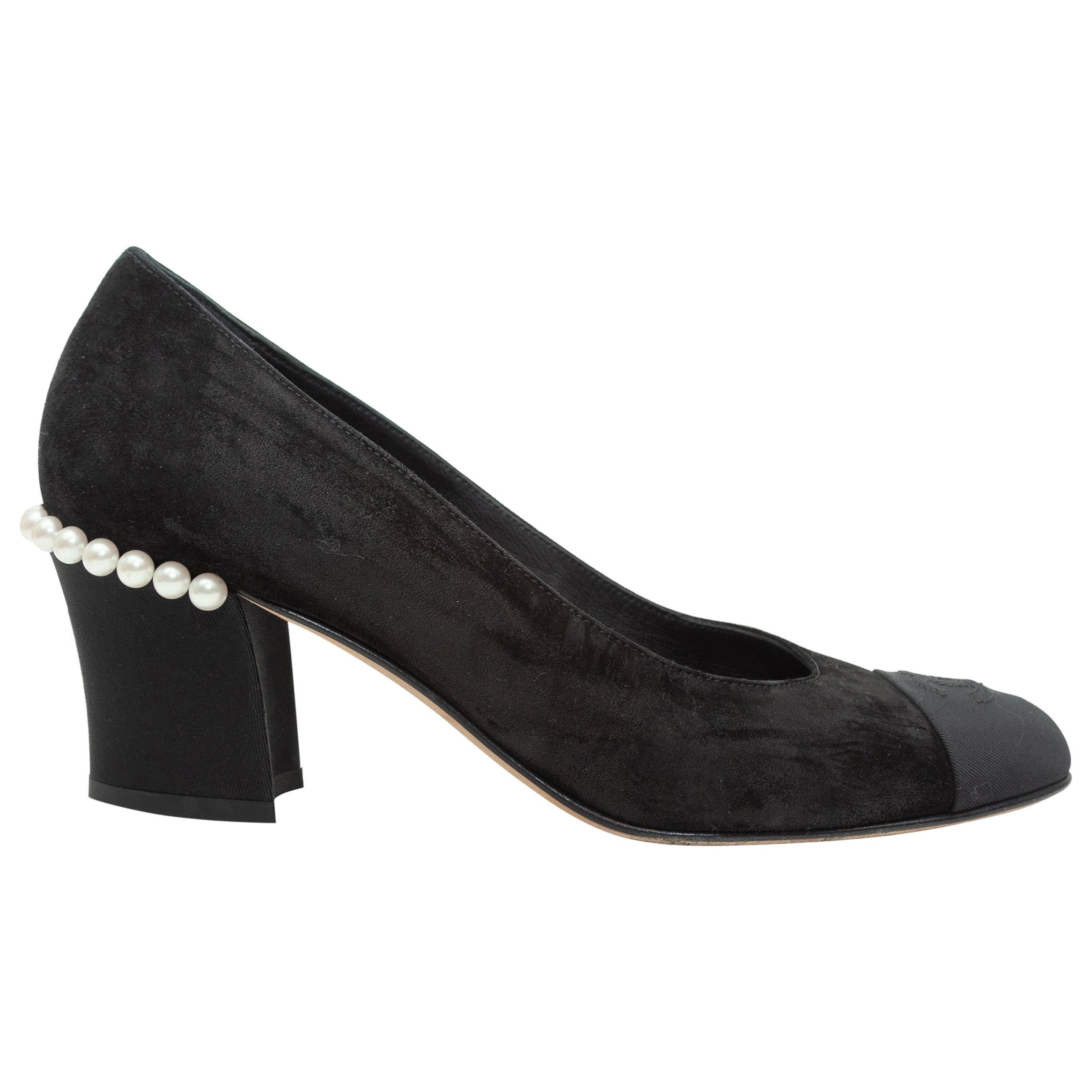 Chanel Black Suede Faux Pearl-Accented Heels