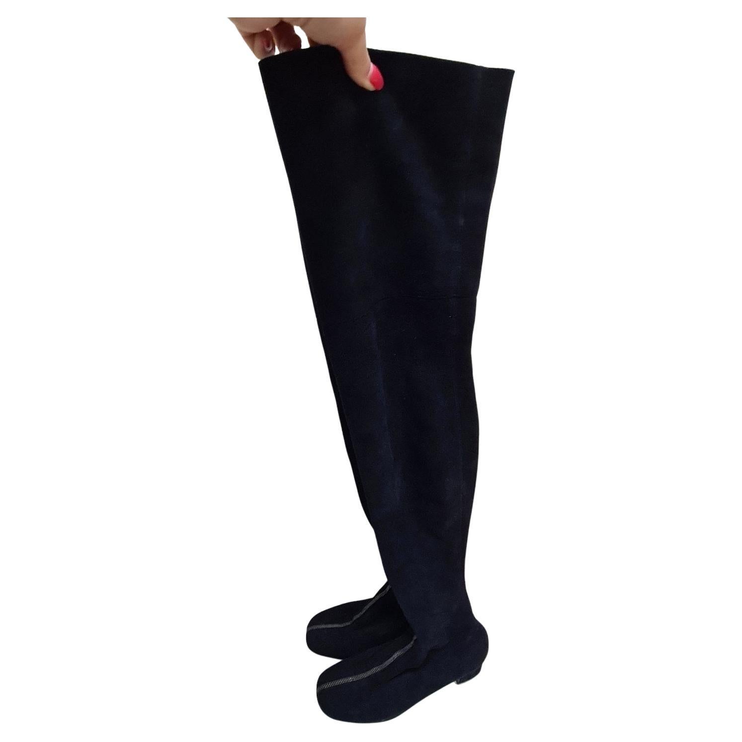 CHANEL Black Suede Front Zip Over The Knee Boots For Sale